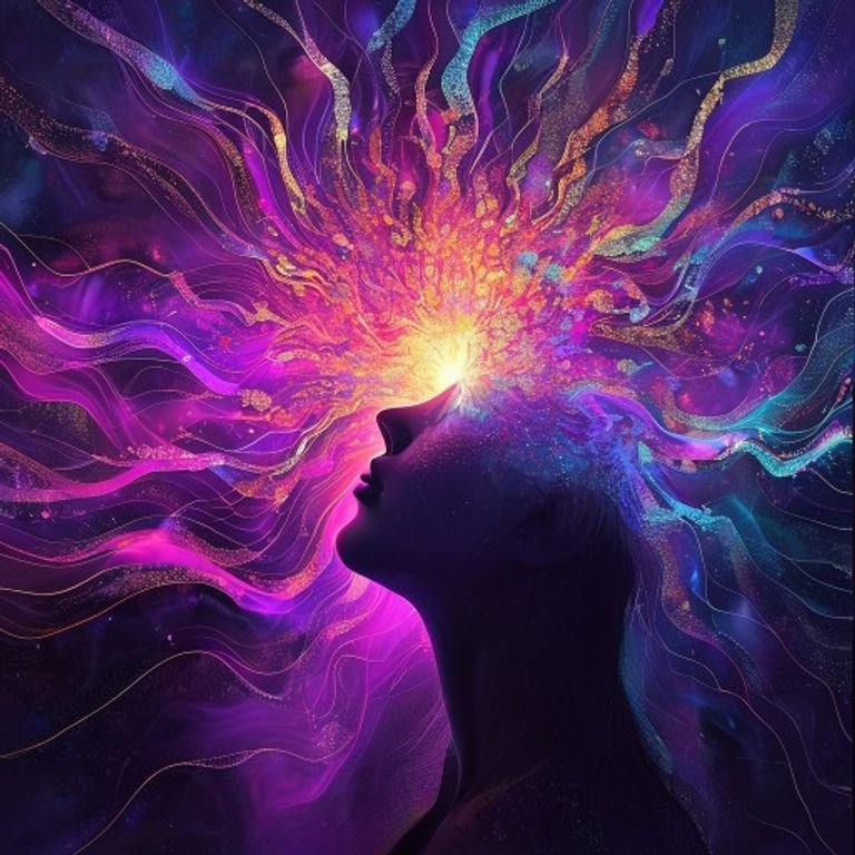 Abstract art: a human profile blooming with synaesthetic color, representing sensory absorption