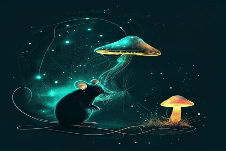 Aged mouse beside glowing mushrooms — psilocybin longevity study