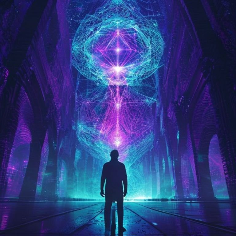 Artistic depiction of a DMT entity encounter in a fractal alien space