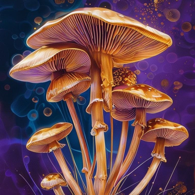 Editorial illustration of a cluster of golden-capped Psilocybe cubensis mushrooms