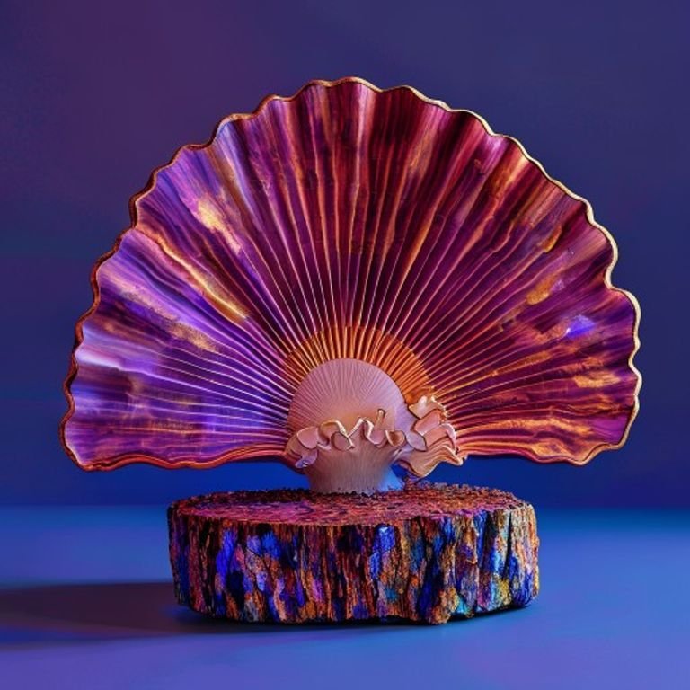 Editorial illustration of a glossy fan-shaped Reishi bracket mushroom beside molecular glucan strands