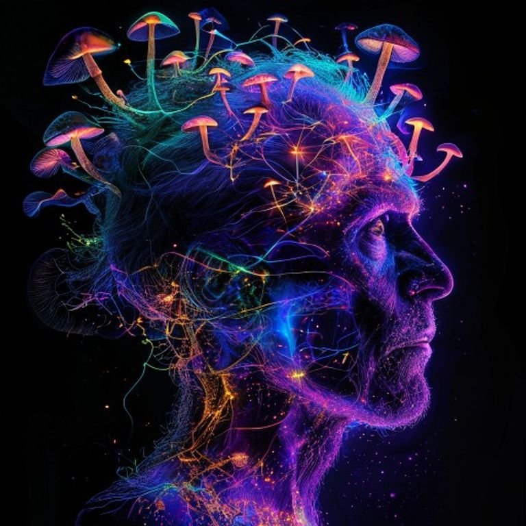 Profile of an early human ancestor made of glowing neural connections with mushrooms growing from the head