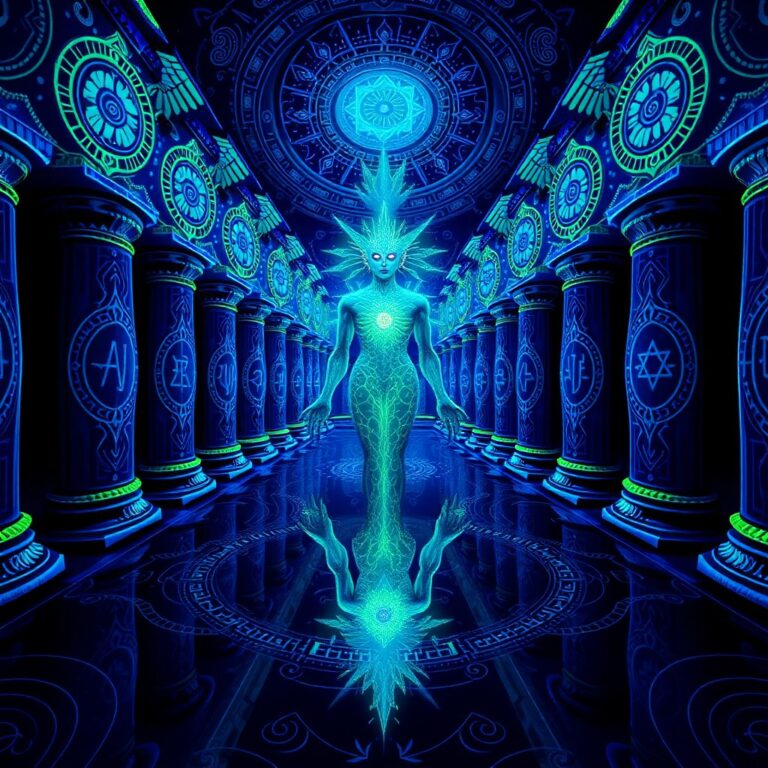 Ultra-detailed digital painting of a radiant interdimensional deity in a cosmic temple, featuring fractal geometry, glowing third eye, bioluminescent textures,