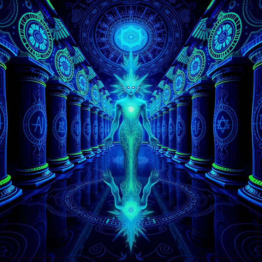 Ultra-detailed digital painting of a radiant interdimensional deity in a cosmic temple, featuring fractal geometry, glowing third eye, bioluminescent textures,