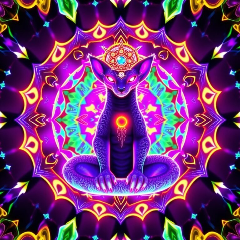 A symmetrical digital painting of a serpent‑feline guardian seated in lotus, crowned with radiant gold light, surrounded by a kaleidoscopic mandala of ultraviol