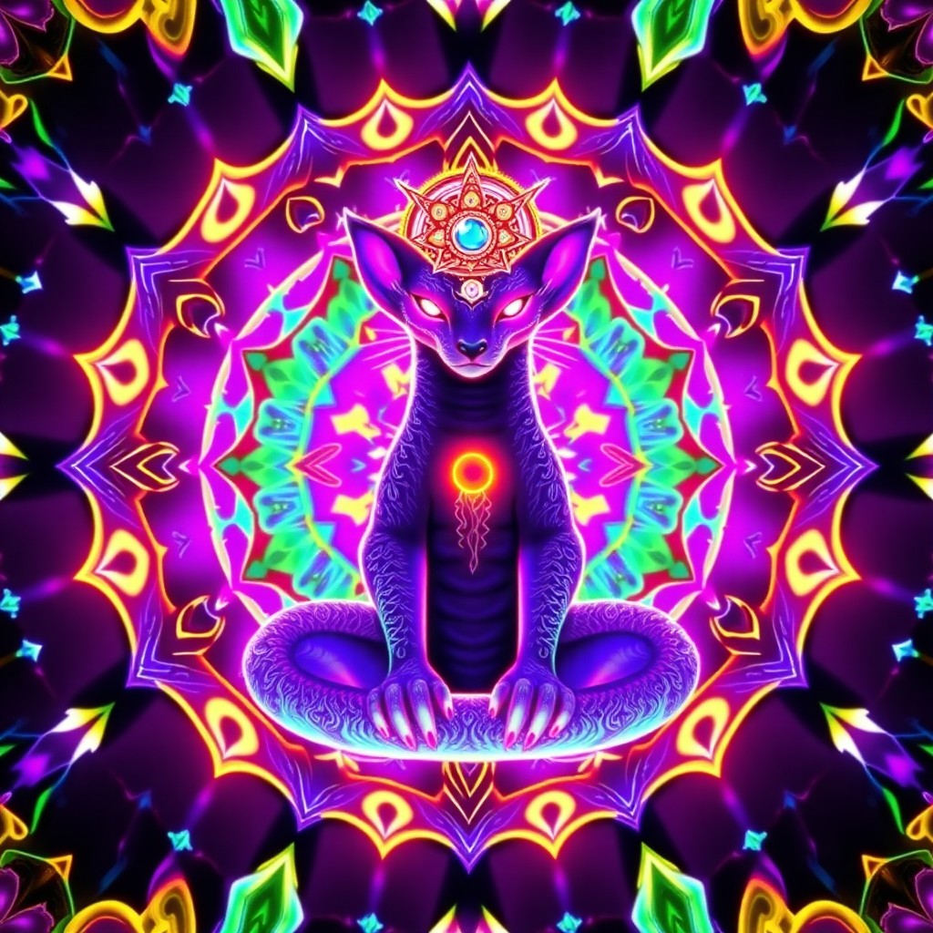 A symmetrical digital painting of a serpent‑feline guardian seated in lotus, crowned with radiant gold light, surrounded by a kaleidoscopic mandala of ultraviol