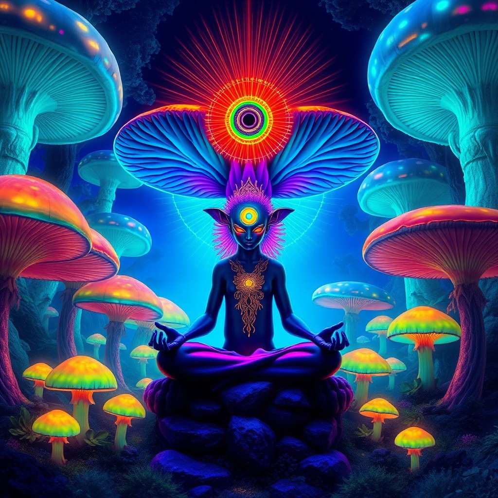 a radiant interdimensional mushroom deity meditating with an open third eye