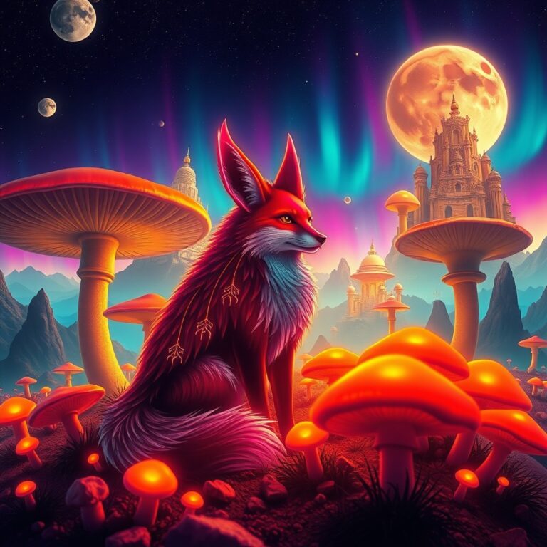 a neon spirit-fox guardian among giant mushrooms