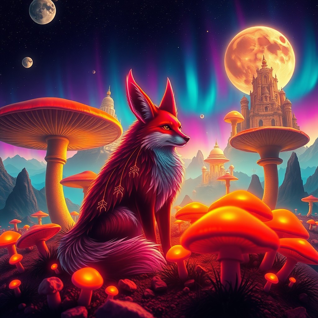 a neon spirit-fox guardian among giant mushrooms
