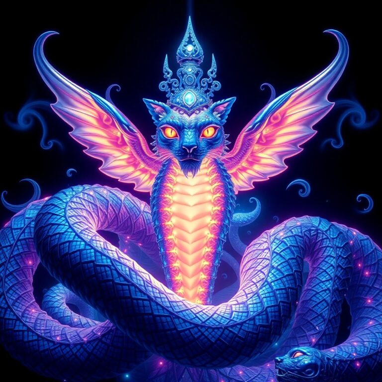 a divine serpent-and-feline guardian crowned in light
