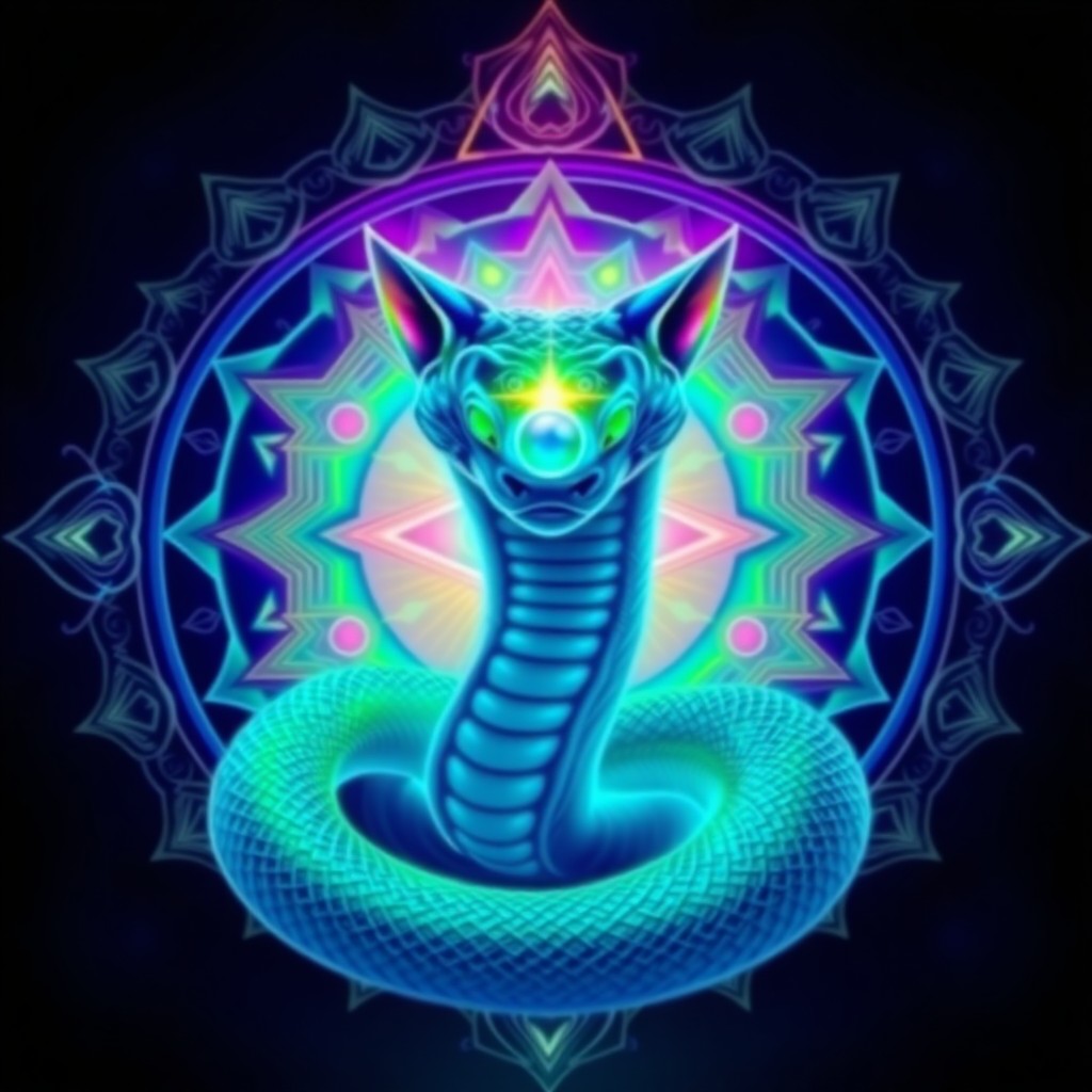A hyper-detailed digital illustration of a serpent-feline guardian centered in the frame. Its body coils around a glowing third eye, and a halo of rainbow light