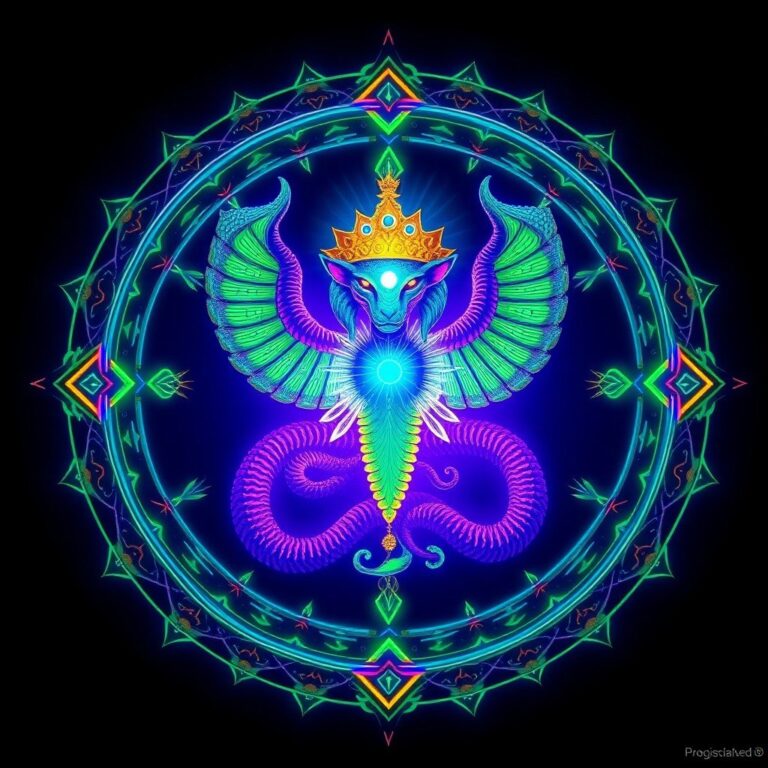 a divine serpent-and-feline guardian crowned in light