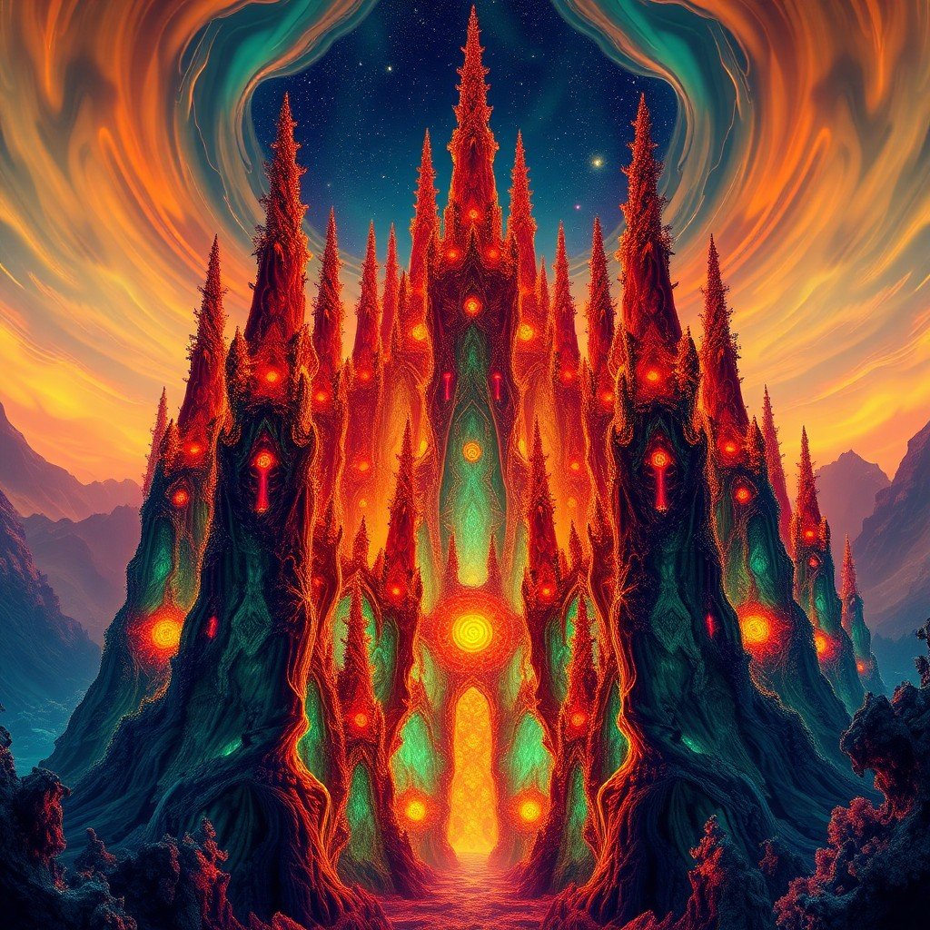 A hyper-detailed digital painting of a vast cosmic landscape featuring a fractal cathedral made of luminous mycelium. The cathedral's spires spiral with vertica
