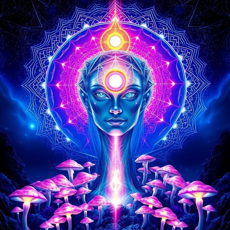 A symmetrical visionary art piece depicting a glowing divine being with a radiant third eye, surrounded by crystalline mushroom formations and intricate sacred