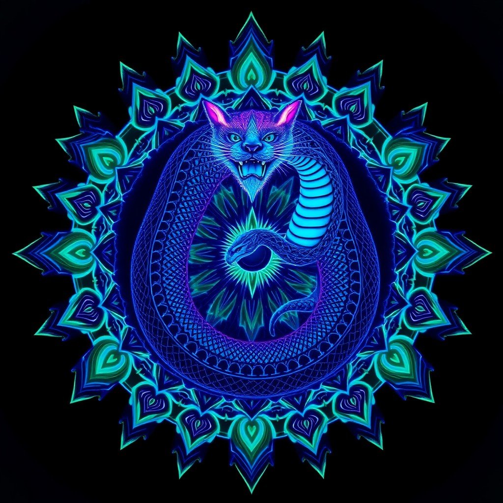 A symmetrical mandala featuring a serpent and cat guardian intertwined, surrounded by sacred geometry and fractal filigree, illuminated in deep indigo, teal, ac