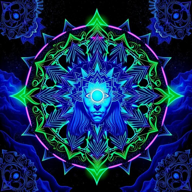 A highly detailed, digital painting of a cosmic being with a glowing third eye, surrounded by symmetrical sacred geometry and an ornate mandala, in shades of de