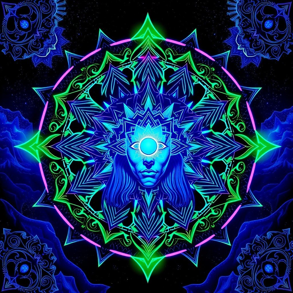 A highly detailed, digital painting of a cosmic being with a glowing third eye, surrounded by symmetrical sacred geometry and an ornate mandala, in shades of de
