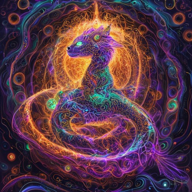A highly detailed, psychedelic image of a serpent-and-feline hybrid with bioluminescent, fractal patterns, surrounded by vibrant, glowing colors and intricate l