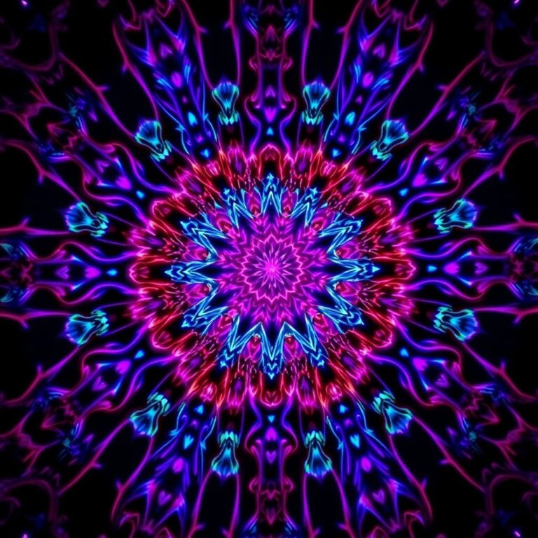 A highly detailed, symmetrical digital painting of a fractal cathedral made of luminous mycelium, with intricate neon lines and iridescent colors, in shades of
