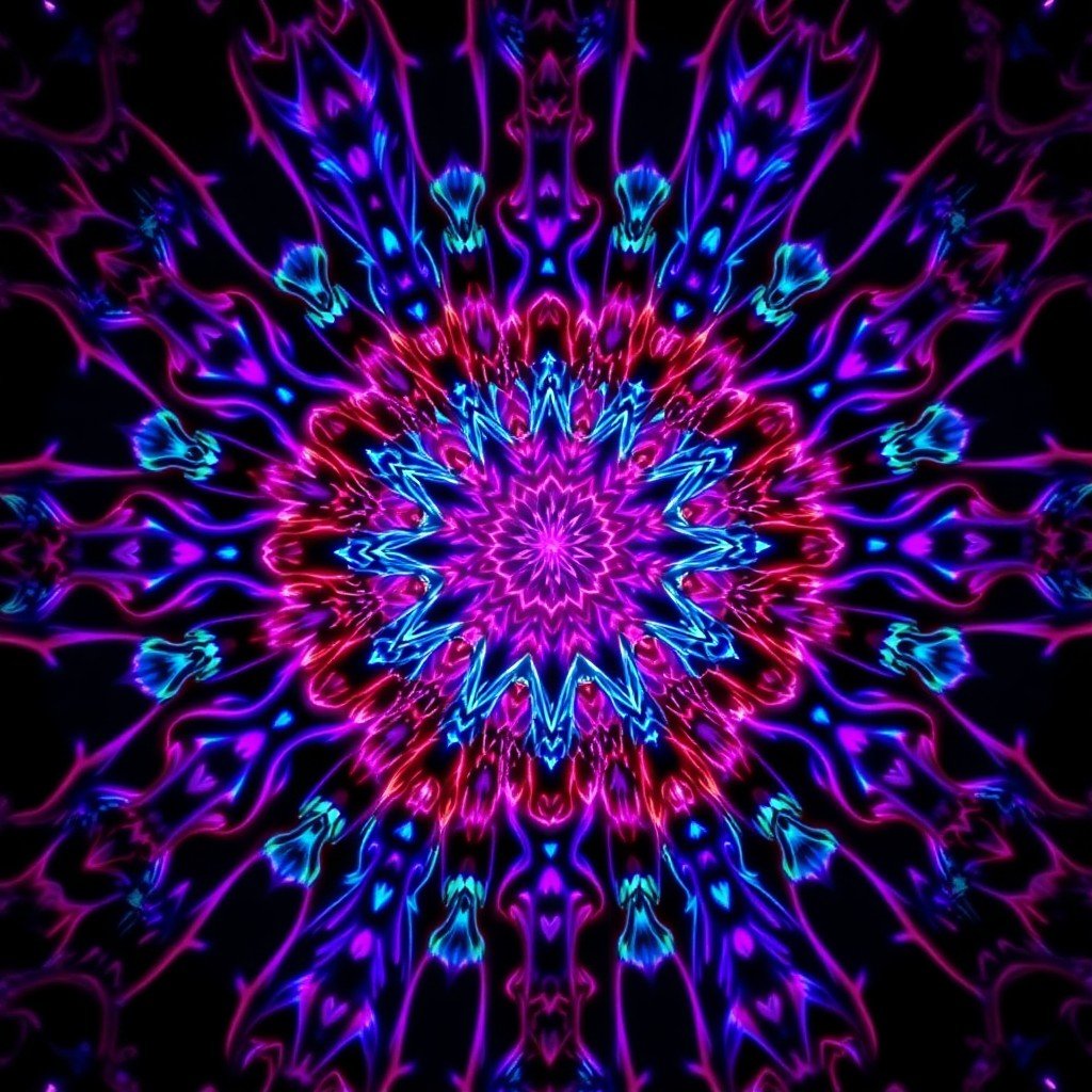A highly detailed, symmetrical digital painting of a fractal cathedral made of luminous mycelium, with intricate neon lines and iridescent colors, in shades of