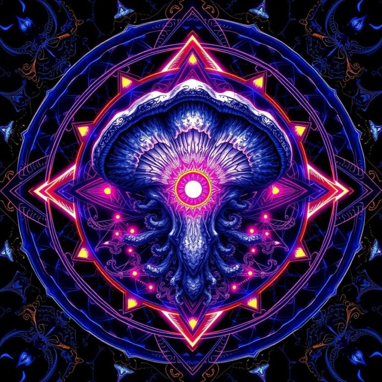 A glowing, luminous fungal oracle with a central third eye is surrounded by symmetrical sacred geometry and an ornate mandala. The image is rendered in monochro