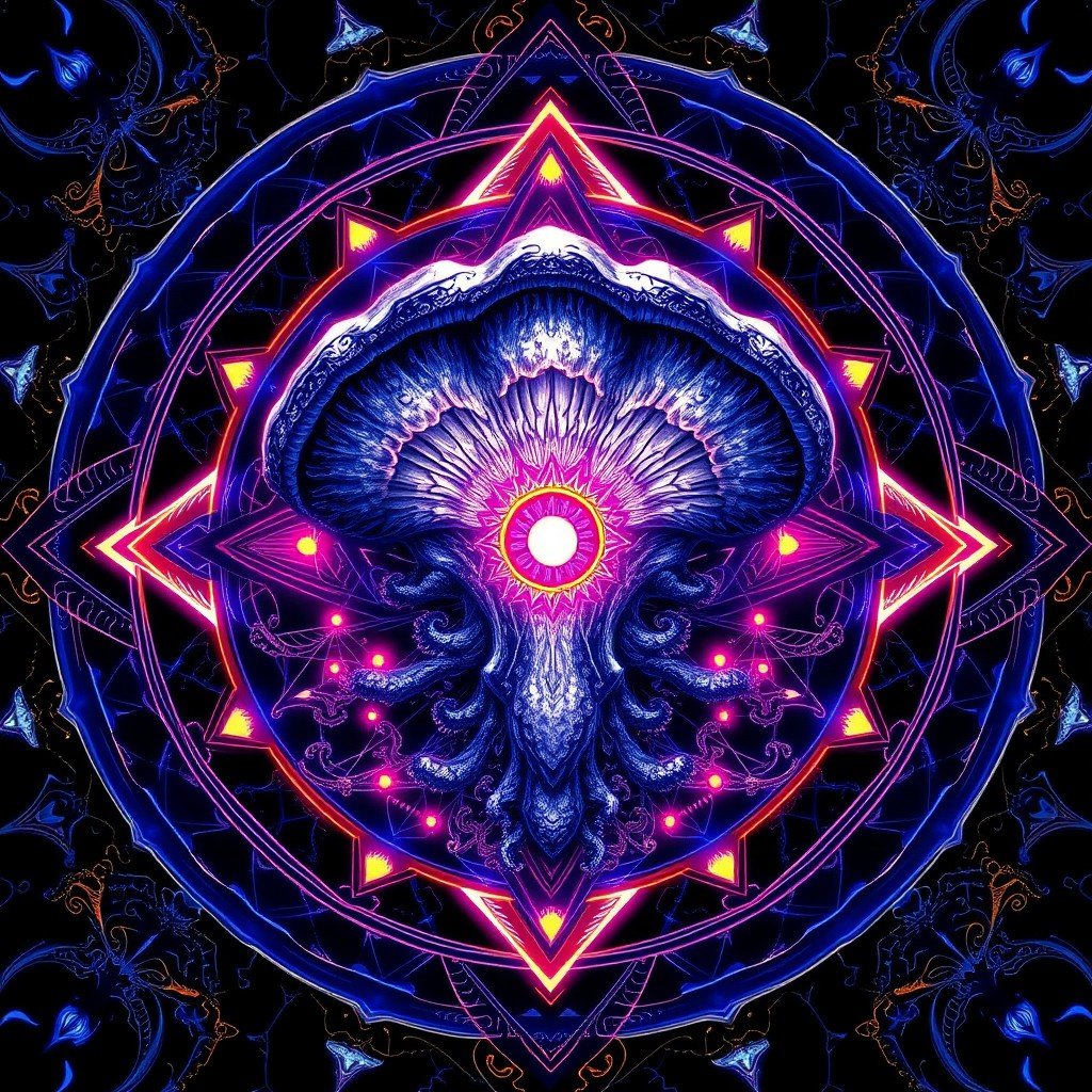 A glowing, luminous fungal oracle with a central third eye is surrounded by symmetrical sacred geometry and an ornate mandala. The image is rendered in monochro