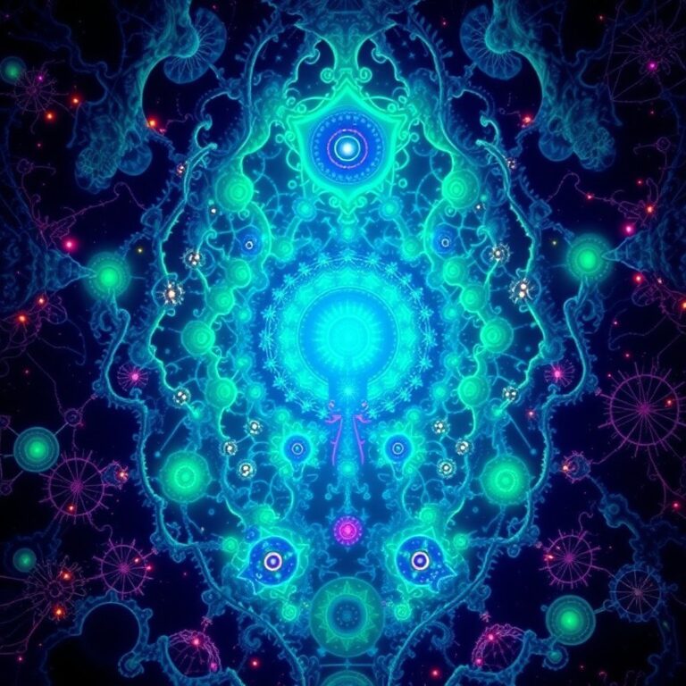 A surreal, glowing fractal landscape representing mycelial intelligence as a vast, interconnected galactic network, rendered in deep indigo, teal, acid green, a
