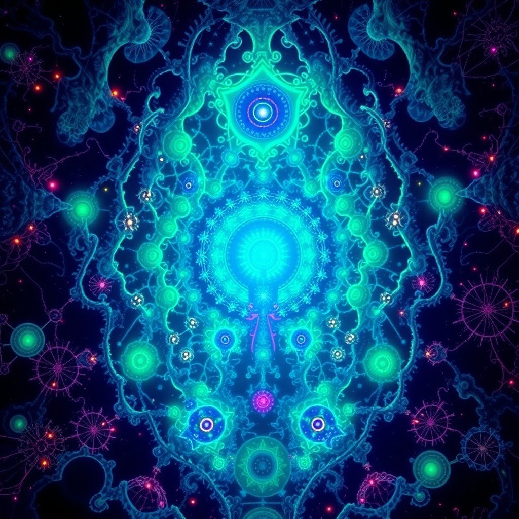 A surreal, glowing fractal landscape representing mycelial intelligence as a vast, interconnected galactic network, rendered in deep indigo, teal, acid green, a
