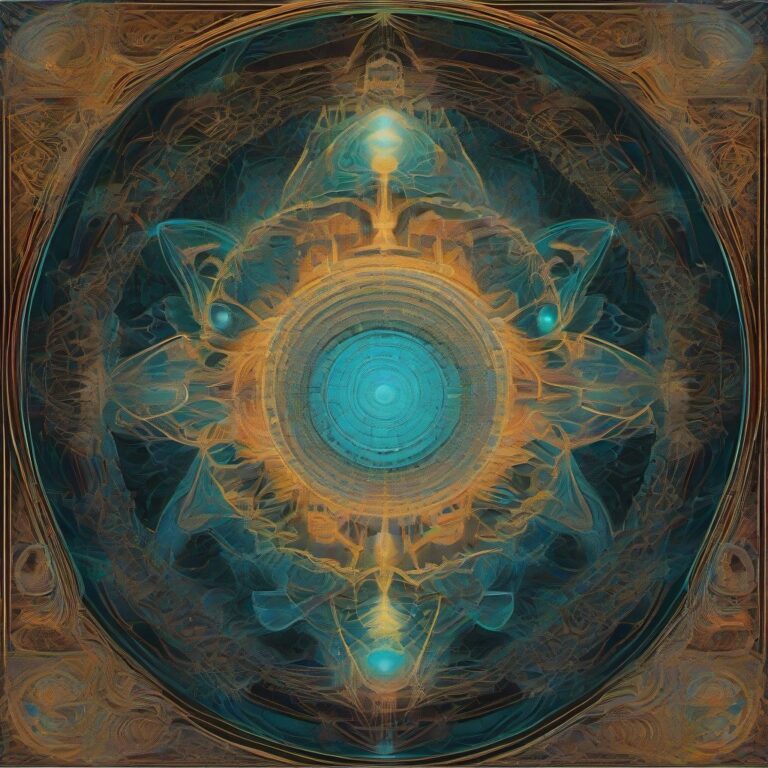 A glowing divine being with a luminous third eye stands at the center of a sacred temple made of bioluminescent fungi, surrounded by intricate mandalas and symm
