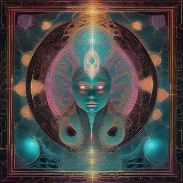 A divine serpent-and-feline guardian crowned in light stands within a realm of glowing geometric portals and lattices, surrounded by intricate bioluminescent pa