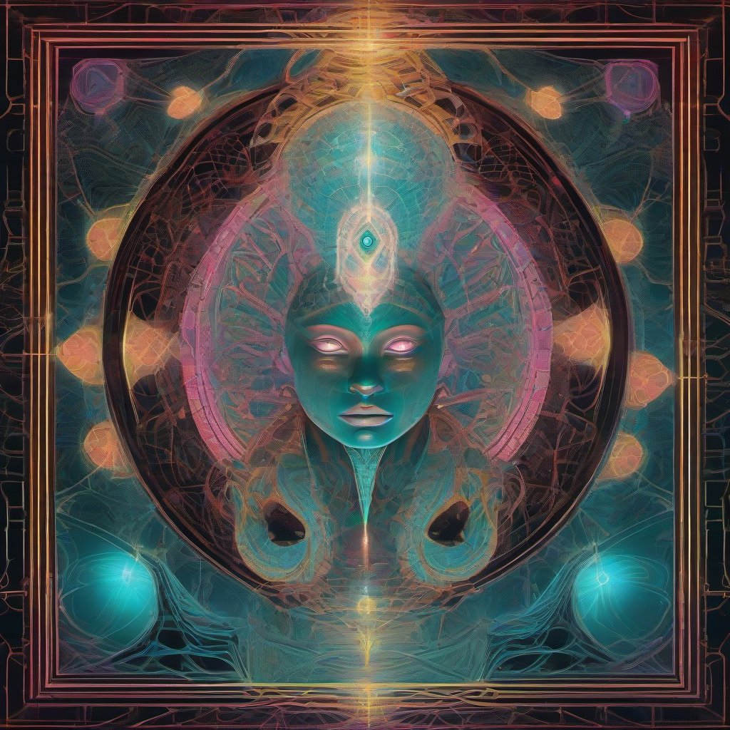 A divine serpent-and-feline guardian crowned in light stands within a realm of glowing geometric portals and lattices, surrounded by intricate bioluminescent pa