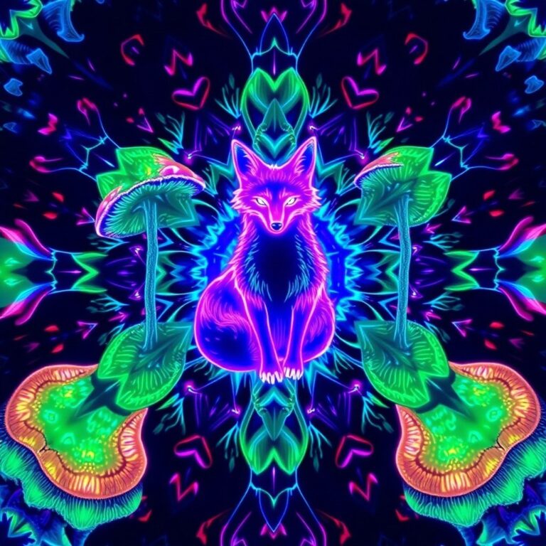 A highly detailed, symmetrical digital painting of a neon fox surrounded by giant mushrooms, with intricate fractal patterns and bioluminescent neon lines, in s