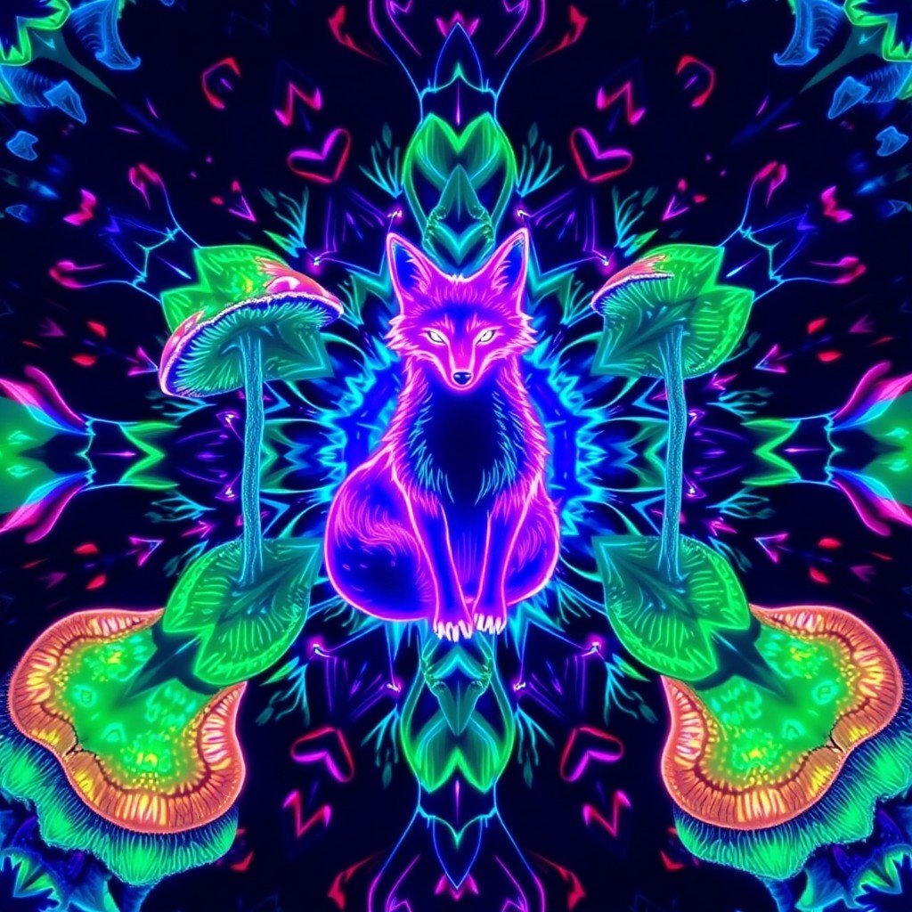 A highly detailed, symmetrical digital painting of a neon fox surrounded by giant mushrooms, with intricate fractal patterns and bioluminescent neon lines, in s