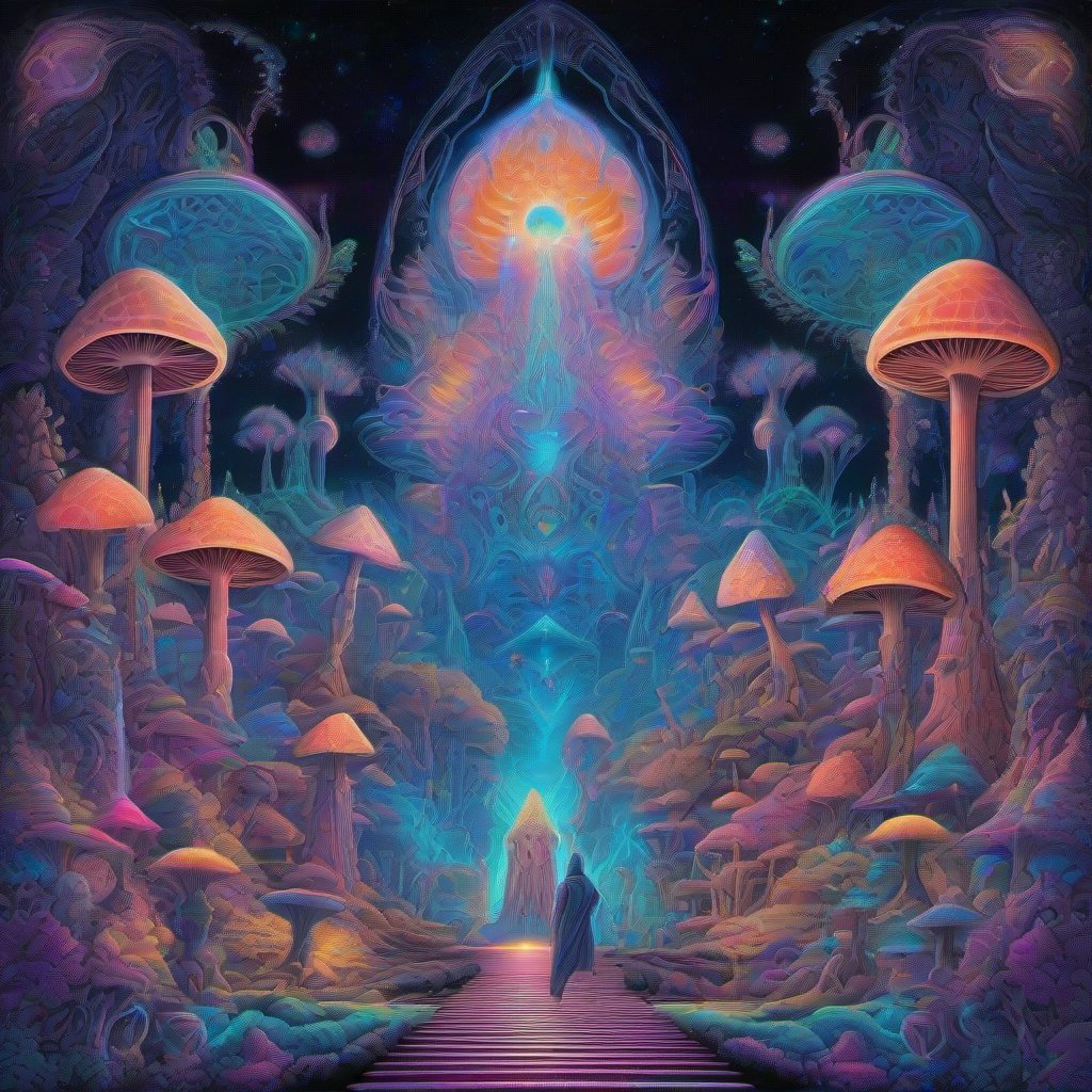 A glowing neon spirit-fox guardian stands among giant bioluminescent mushrooms in a vast cosmic landscape, with glowing temples and an aurora sky filled with in