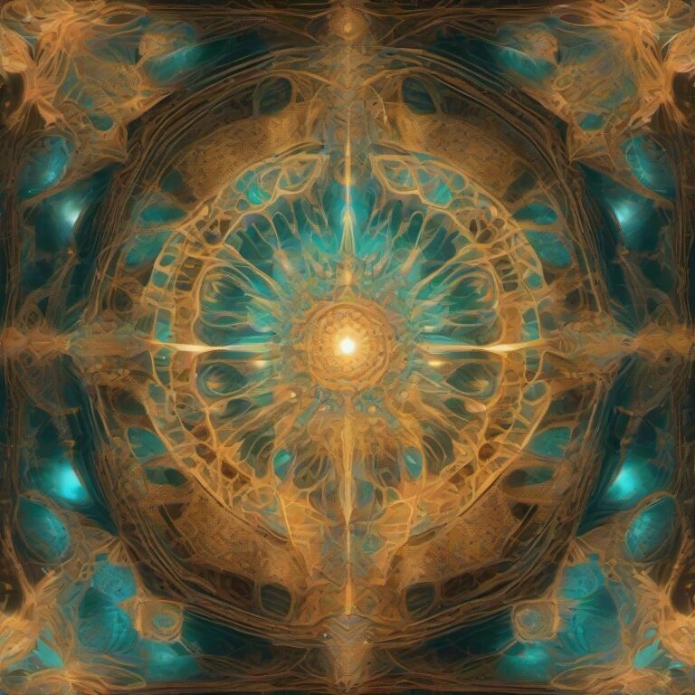 A glowing fractal cathedral formed from luminous mycelium networks, with a radiant divine being at the center, surrounded by symmetrical sacred geometry and an