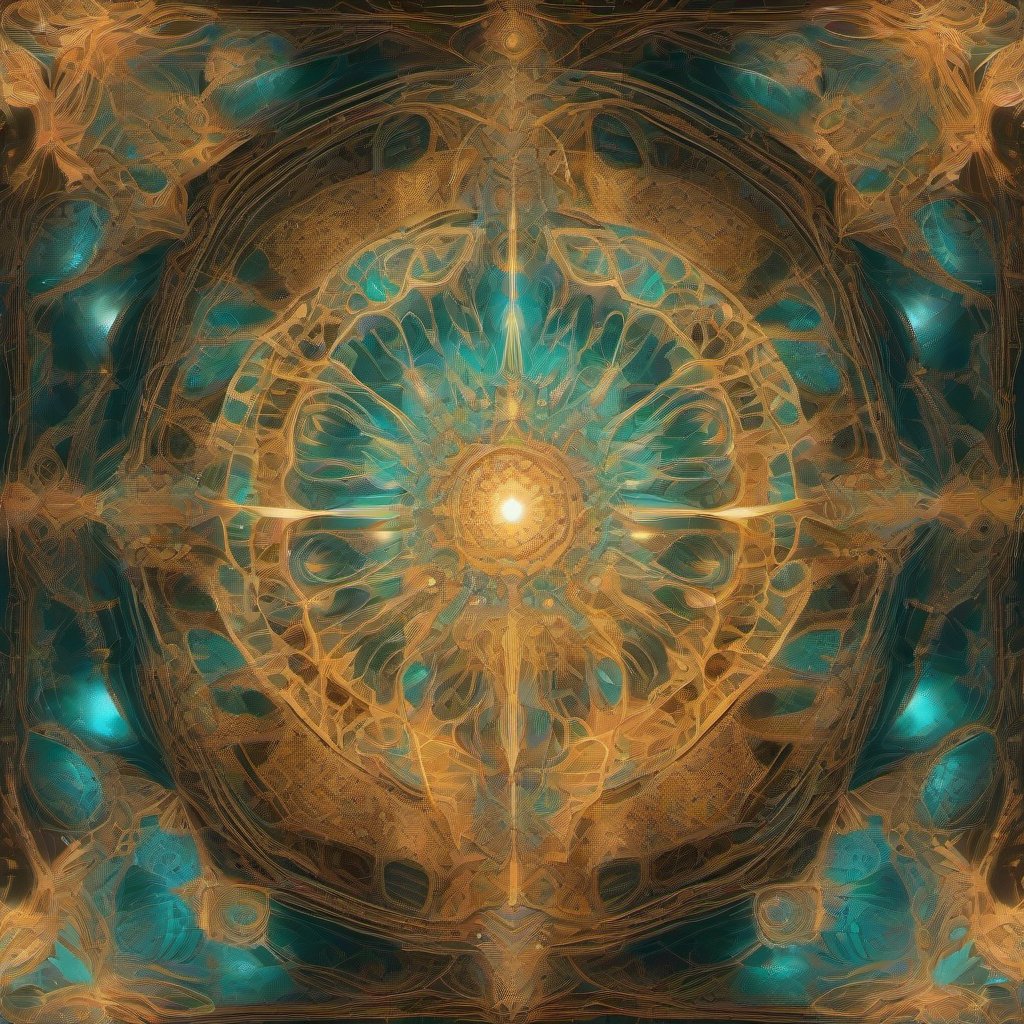 A glowing fractal cathedral formed from luminous mycelium networks, with a radiant divine being at the center, surrounded by symmetrical sacred geometry and an