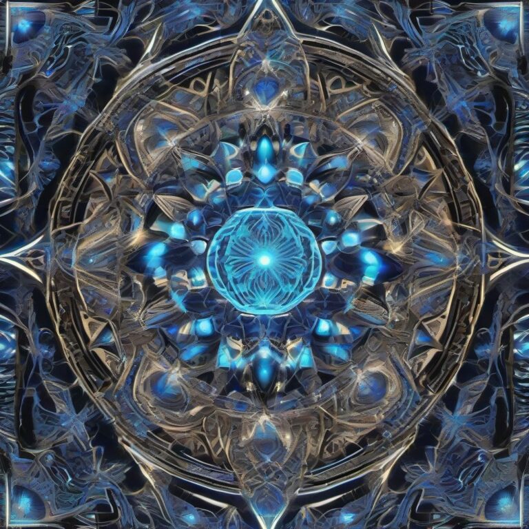 A highly detailed, symmetrical mandala composed of sacred geometry and fractal patterns, glowing in monochrome cobalt and silver with neon highlights, evoking a