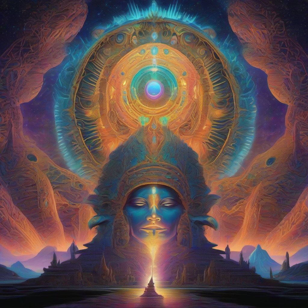 A radiant divine guardian, part serpent and part feline, crowned in light, stands in a cosmic landscape with glowing temples and aurora skies. The guardian is s