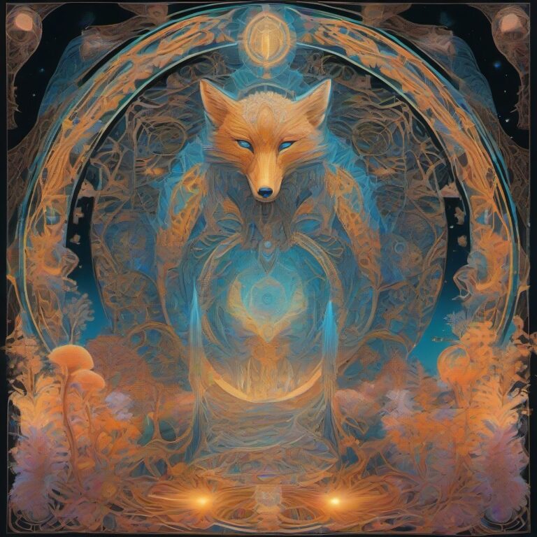 A glowing spirit-fox guardian stands at the center of a bioluminescent mycelial forest, surrounded by intricate sacred geometry and a mandala of glowing fungi,