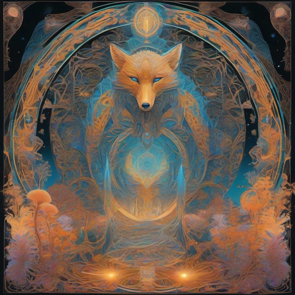 A glowing spirit-fox guardian stands at the center of a bioluminescent mycelial forest, surrounded by intricate sacred geometry and a mandala of glowing fungi,