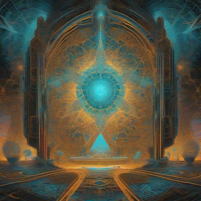 A surreal, glowing cathedral formed from luminous mycelium, surrounded by intricate geometric portals and lattices of light, rendered in warm amber, rose, gold,