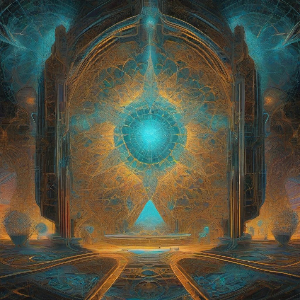 A surreal, glowing cathedral formed from luminous mycelium, surrounded by intricate geometric portals and lattices of light, rendered in warm amber, rose, gold,