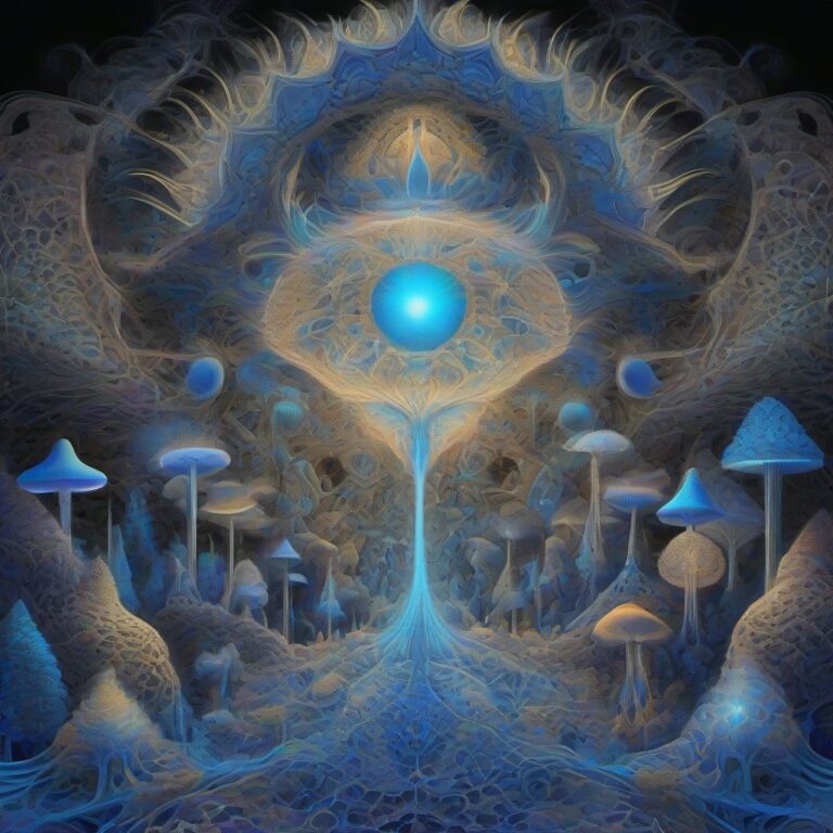 A surreal, glowing valley filled with crystalline toadstools illuminated by an aurora-like glow, rendered in monochrome cobalt and silver with neon accents, fea