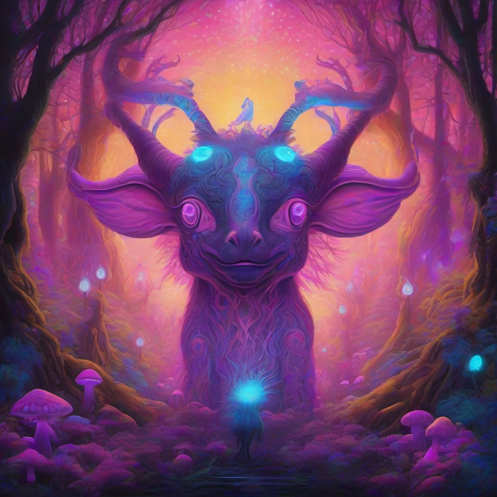 A radiant spirit-animal guardian stands in a glowing mushroom forest, surrounded by bioluminescent fungi and intricate geometric patterns, glowing in ultraviole