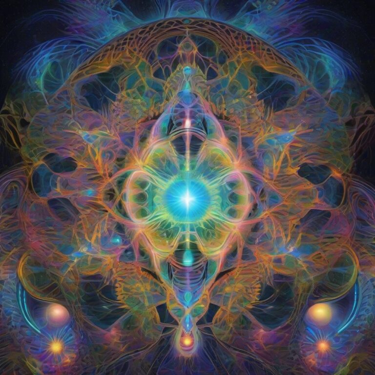 A glowing cosmic being radiates light within a complex fractal dreamscape, filled with intricate geometric patterns, glowing lines, and vibrant iridescent color