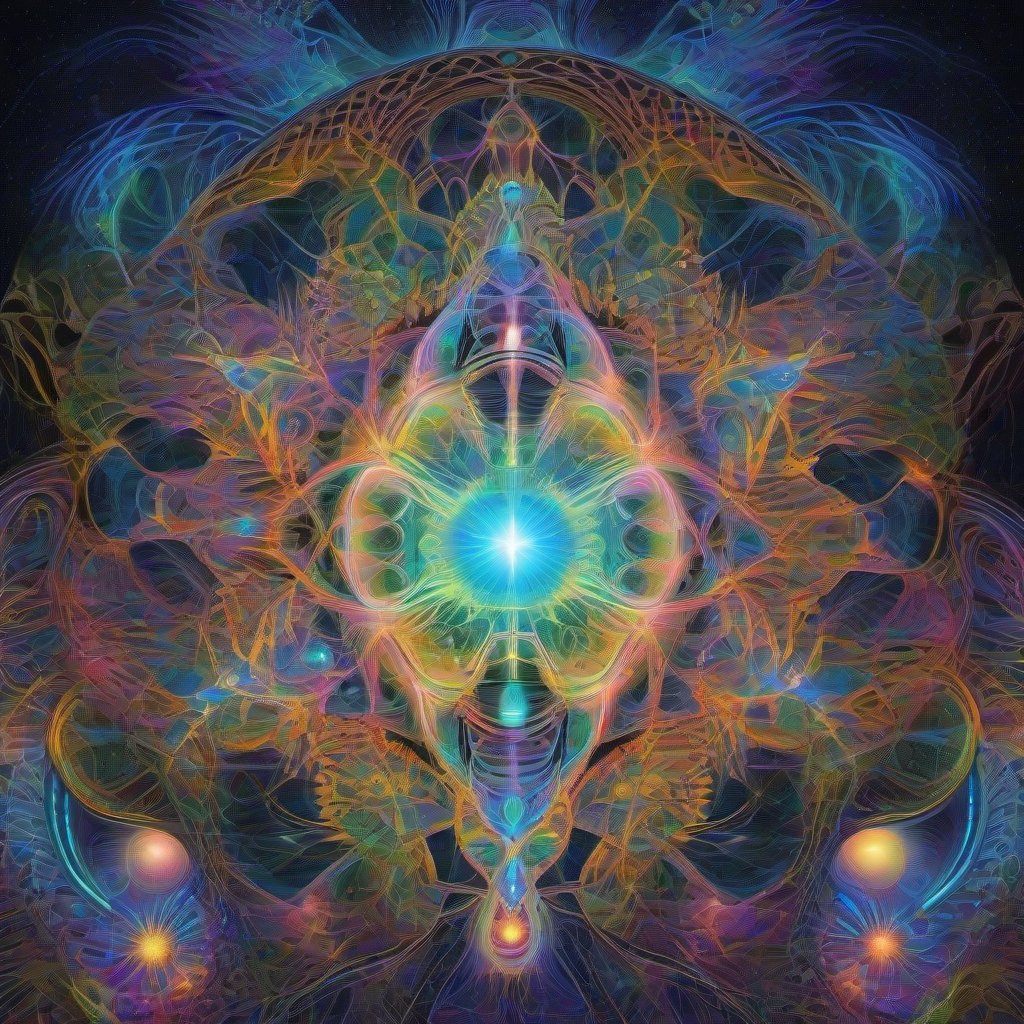 A glowing cosmic being radiates light within a complex fractal dreamscape, filled with intricate geometric patterns, glowing lines, and vibrant iridescent color
