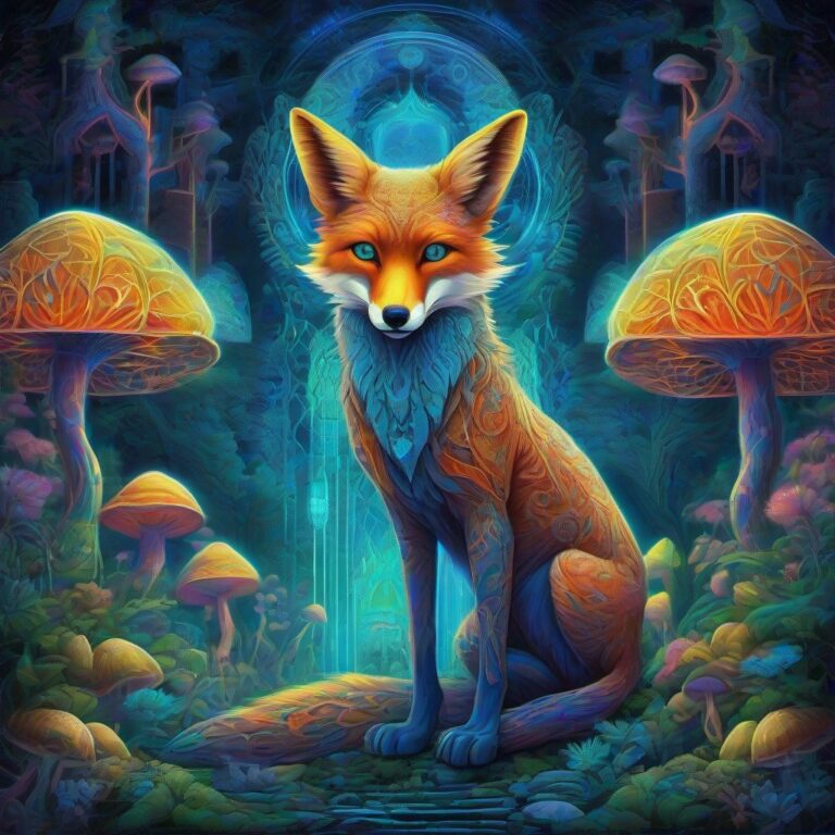 A glowing neon spirit-fox stands among towering bioluminescent mushrooms in a surreal, interdimensional landscape filled with geometric light patterns and iride