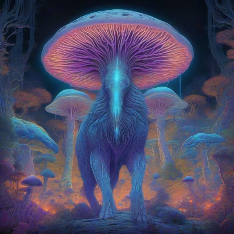 A glowing, radiant spirit-animal guardian stands in a surreal forest of glowing mushrooms, surrounded by intricate patterns of light and color, in a monochrome