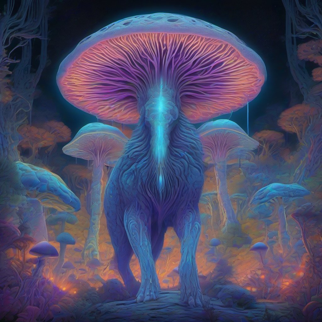 A glowing, radiant spirit-animal guardian stands in a surreal forest of glowing mushrooms, surrounded by intricate patterns of light and color, in a monochrome