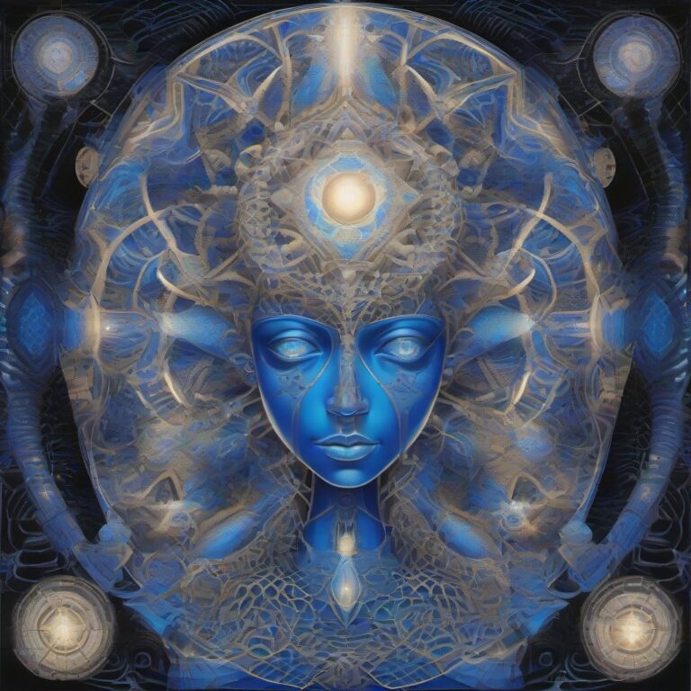 A glowing interdimensional mushroom deity with a radiant third eye stands amidst a surreal landscape of geometric portals and luminous lattices, rendered in mon